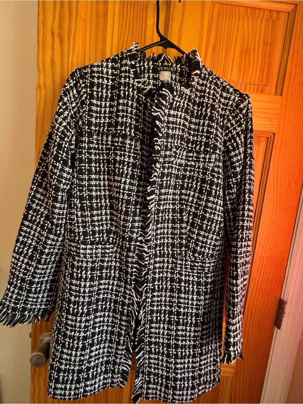 VENUS Black & White Tweed Frayed-Edge Blazer Coat